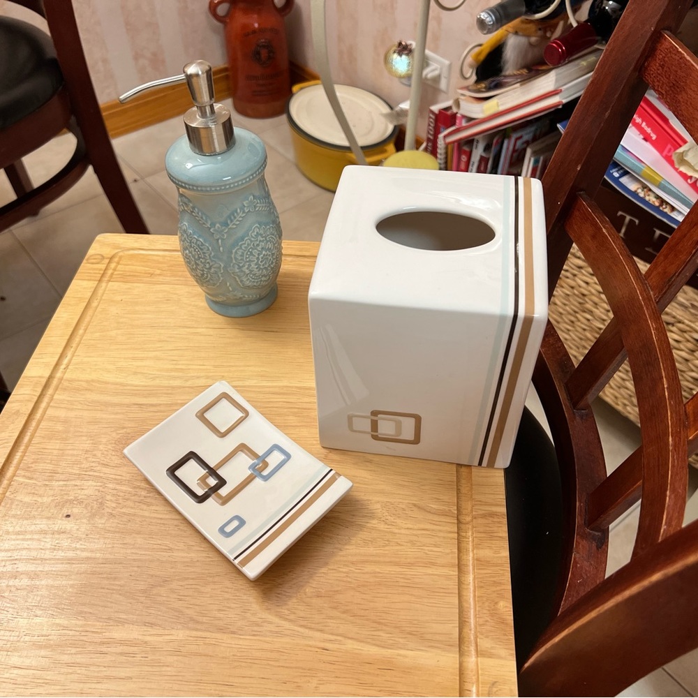Matching ceramic soap dish and tissue box holder w/ ceramic soap dispenser 3pcs